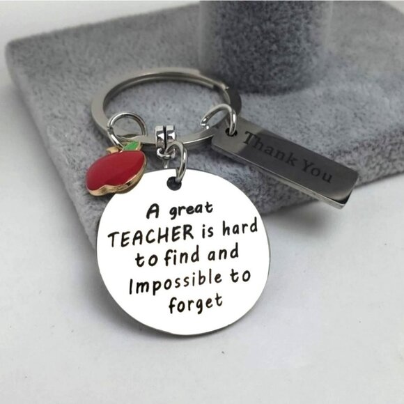 Teacher Gift Apple Thank You Keychain Silver Tone - Picture 2 of 4